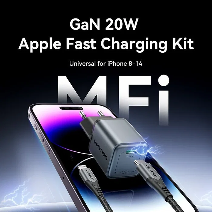 Vention Cargador de Pared GaN 20W con 1xUSB Tipo-C y Cable Lightning Gris Vention Cargador de Pared GaN 20W con 1xUSB Tipo-C y Cable Lightning Gris