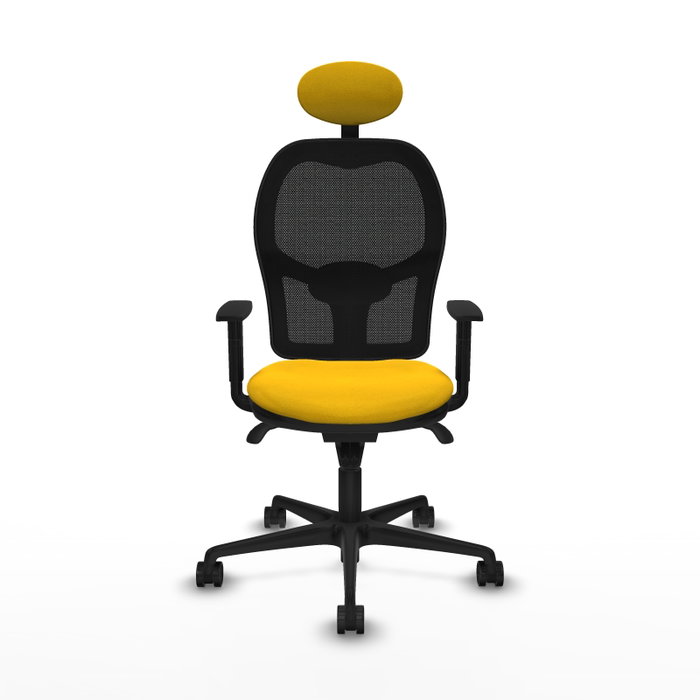 Silla de oficina Jorquera con mecanismo Sincro tapizada con Tela color Amarillo y malla color Negro. Equipada con lumbar 1D, Brazos 1D, Cabecero Fijo y Ruedas 65mm nailon