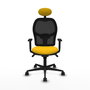 Silla de oficina Jorquera con mecanismo Sincro tapizada con Tela color Amarillo y malla color Negro. Equipada con lumbar 1D, Brazos 1D, Cabecero Fijo y Ruedas 65mm nailon