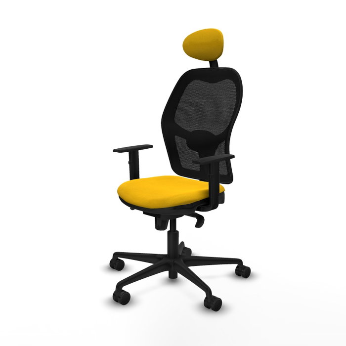 Silla de oficina Jorquera con mecanismo Sincro tapizada con Tela color Amarillo y malla color Negro. Equipada con lumbar 1D, Brazos 1D, Cabecero Fijo y Ruedas 65mm nailon