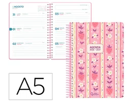 Liderpapel Agenda Escolar Fantasy A5 Semana Vista 2026-2027 Bilingüe, Rosa Fresas, Espiral, Papel FSC 80g