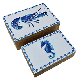DKD Home Decor Set de 2 Cajas de Mango Lacado Azul con Detalles de Langosta