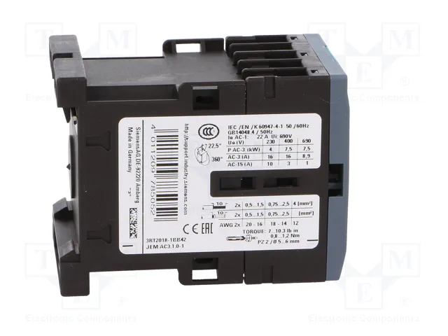 Siemens 3RT20181BB42 Contactor AC-3 7,5kW/400V 24VDC 3p S00
