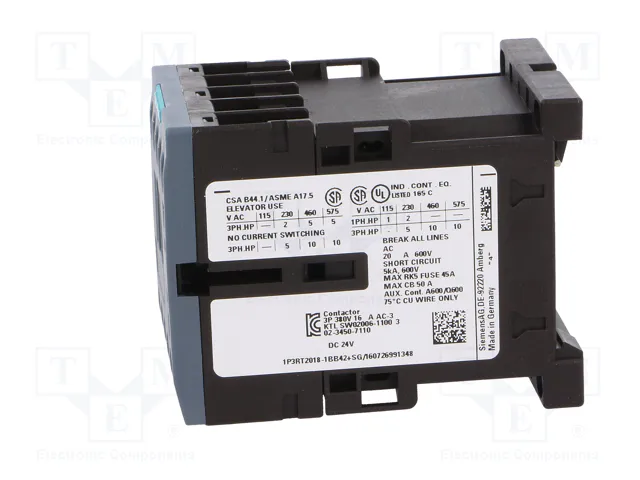 Siemens 3RT20181BB42 Contactor AC-3 7,5kW/400V 24VDC 3p S00