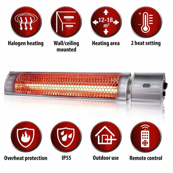Alpina Estufa de cuarzo de pared para exteriores con control remoto, 2000 W Alpina Estufa de cuarzo de pared para exteriores con control remoto, 2000 W