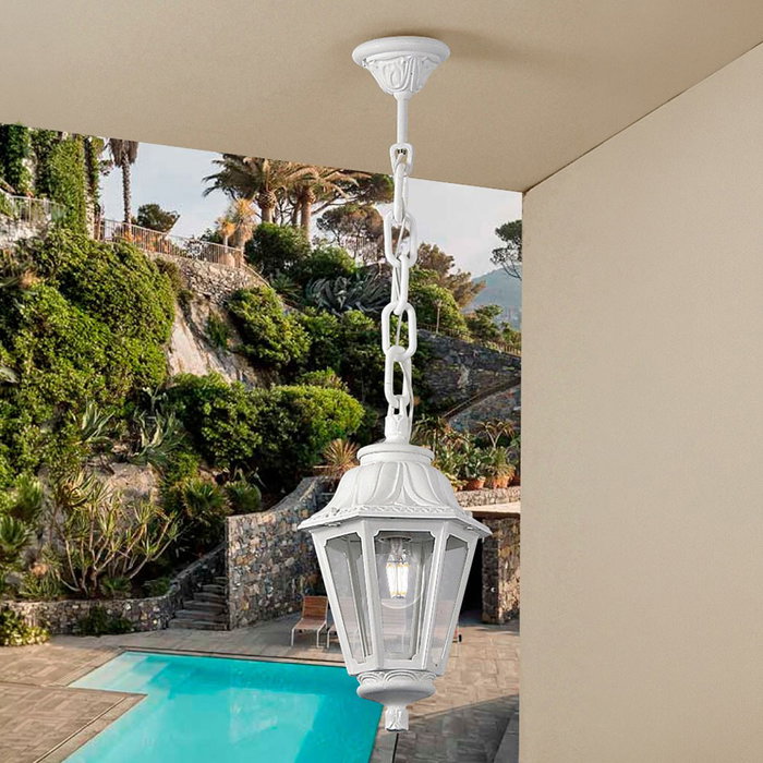 Fumagalli Farol de Techo con Cadena Sichem/Anna, Blanco con Cristal Transparente, Casquillo E27 Max 23W, IP55 Resistente Exterior, Ø220 x 800 mm Fumagalli Farol de Techo con Cadena Sichem/Anna, Blanco con Cristal Transparente, Casquillo E27 Max 23W, IP55 Resistente Exterior, Ø220 x 800 mm
