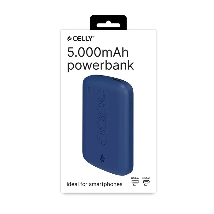 Celly PBE5000EVOBL Power Bank Batería Externa 5000 mAh Litio Azul, Carga Rápida 10W USB-C