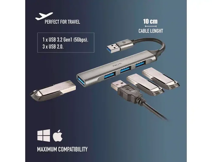 NGS IHUB4 MICRO Hub USB de 4 puertos (1 x USB 3.2 Gen 1 y 3 x USB 2.0) - Plata NGS IHUB4 MICRO Hub USB de 4 puertos (1 x USB 3.2 Gen 1 y 3 x USB 2.0) - Plata