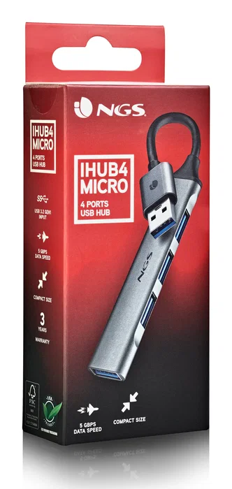 NGS IHUB4 MICRO - Hub USB 4 Puertos (1x USB 3.2 Gen 1, 3x USB 2.0) - 5 Gbps - Plata - Cable 0.1 m - Compatible PC/Mac - Plug & Play