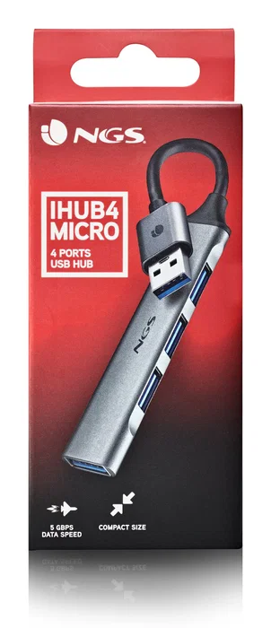 NGS IHUB4 MICRO - Hub USB 4 Puertos (1x USB 3.2 Gen 1, 3x USB 2.0) - 5 Gbps - Plata - Cable 0.1 m - Compatible PC/Mac - Plug & Play