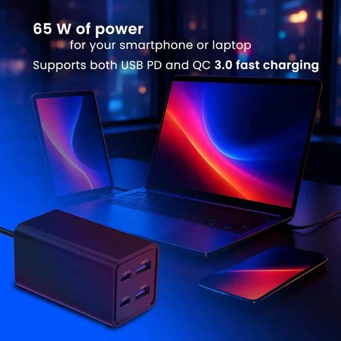 Gembird TA-UC-2A2C-PD65-01-BK Cargador de 65W Power Delivery, 4 Puertos (2 USB-A y 2 USB-C) con Quick Charge 3.0, Carga Rápida para Portátil y Smartphone, Negro, Cable 1.5m