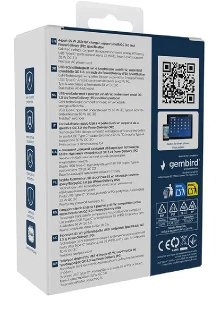 Gembird TA-UC-2A2C-PD65-01-BK Cargador de 65W Power Delivery, 4 Puertos (2 USB-A y 2 USB-C) con Quick Charge 3.0, Carga Rápida para Portátil y Smartphone, Negro, Cable 1.5m