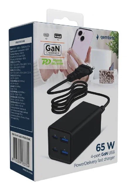 Gembird TA-UC-2A2C-PD65-01-BK Cargador de 65W Power Delivery, 4 Puertos (2 USB-A y 2 USB-C) con Quick Charge 3.0, Carga Rápida para Portátil y Smartphone, Negro, Cable 1.5m