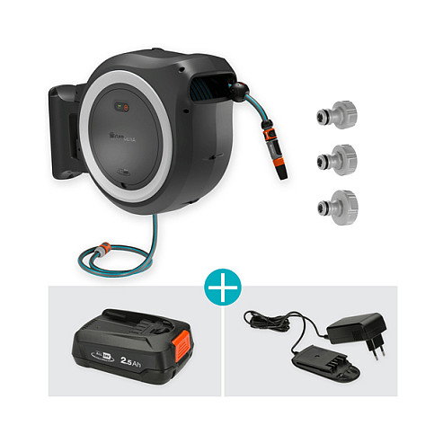 Gardena P4A S w 40m 2.5Ah/18V Enrollador de manguera con batería XXL para pared, 40 m, Negro