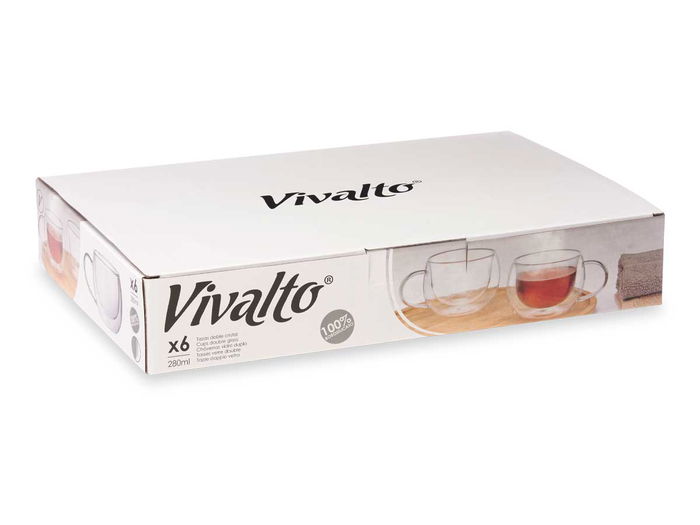 Vivalto Taza de Vidrio Borosilicato para Té, Doble Pared, 280 ml, Transparente, 14x10x6 cm (Set de 24)
