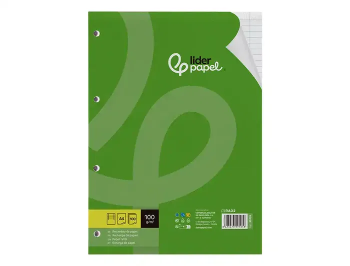 Liderpapel Recambio A4 100 Hojas 100gr Horizontal Con Doble Margen Y 4 Taladros