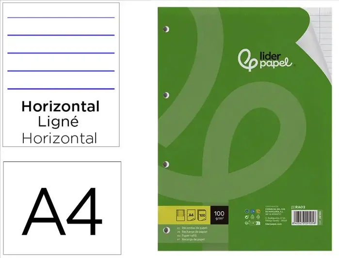 Liderpapel Recambio A4 100 Hojas 100gr Horizontal Con Doble Margen Y 4 Taladros Liderpapel Recambio A4 100 Hojas 100gr Horizontal Con Doble Margen Y 4 Taladros