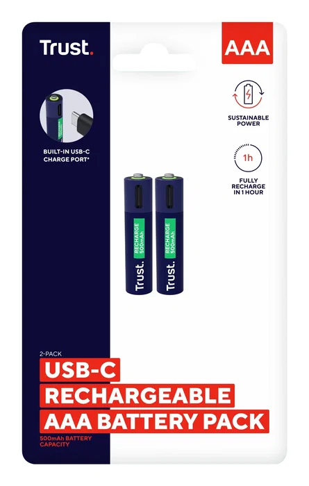 Trust Pilas recargables AAA USB-C 500 mAh, pack de 2 unidades Trust Pilas recargables AAA USB-C 500 mAh, pack de 2 unidades
