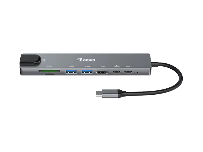 Equip 133497 Base Portátil y Hub USB-C con HDMI, Ethernet Gigabit, 3 Puertos USB 3.2, Lector SD/TF y Power Delivery 100W - Negro/Gris