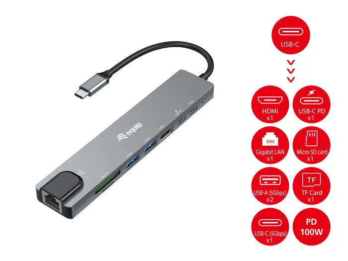 EQUIP Adaptador Multifuncional USB-C 8 en 1 con HDMI 4K, Gigabit LAN y PD 100W EQUIP Adaptador Multifuncional USB-C 8 en 1 con HDMI 4K, Gigabit LAN y PD 100W