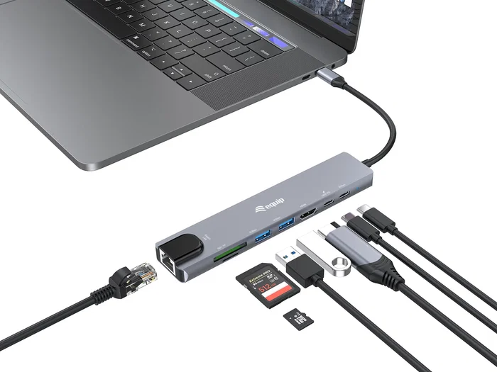 Equip 133497 Base Portátil y Hub USB-C con HDMI, Ethernet Gigabit, 3 Puertos USB 3.2, Lector SD/TF y Power Delivery 100W - Negro/Gris