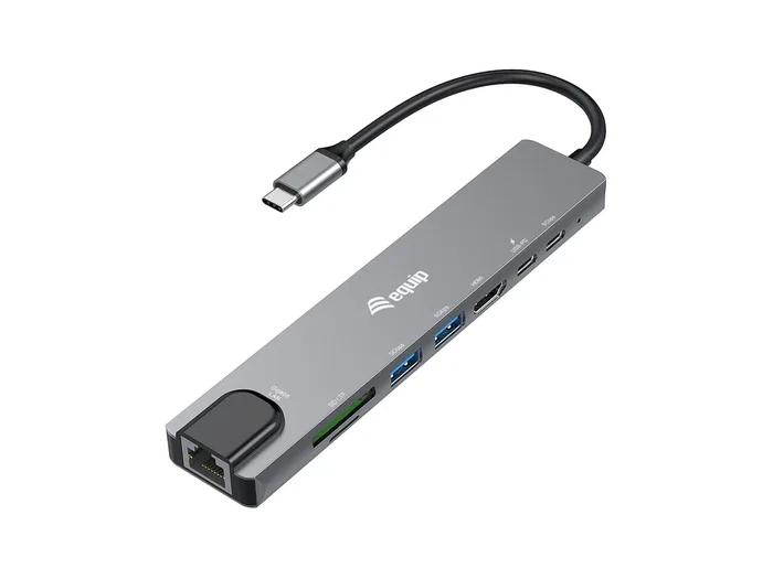 Equip 133497 Base Portátil y Hub USB-C con HDMI, Ethernet Gigabit, 3 Puertos USB 3.2, Lector SD/TF y Power Delivery 100W - Negro/Gris