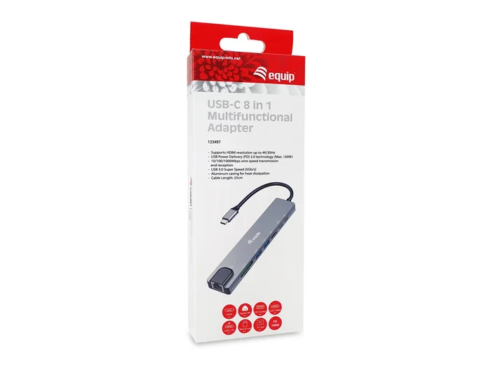 EQUIP Adaptador Multifuncional USB-C 8 en 1 con HDMI 4K, Gigabit LAN y PD 100W EQUIP Adaptador Multifuncional USB-C 8 en 1 con HDMI 4K, Gigabit LAN y PD 100W