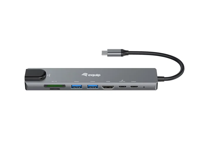 Equip 133497 Base Portátil y Hub USB-C con HDMI, Ethernet Gigabit, 3 Puertos USB 3.2, Lector SD/TF y Power Delivery 100W - Negro/Gris
