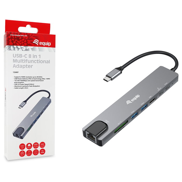 Equip Adaptador USB-C a HDMI, Gigabit Ethernet, 3x USB 3.2 Gen1, SD/TF, Power Delivery 100W