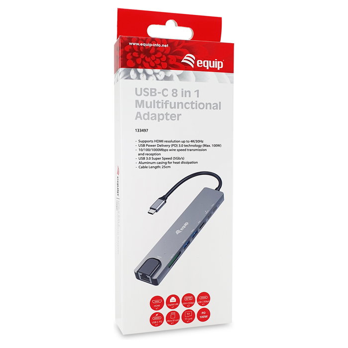 Equip Adaptador USB-C a HDMI, Gigabit Ethernet, 3x USB 3.2 Gen1, SD/TF, Power Delivery 100W