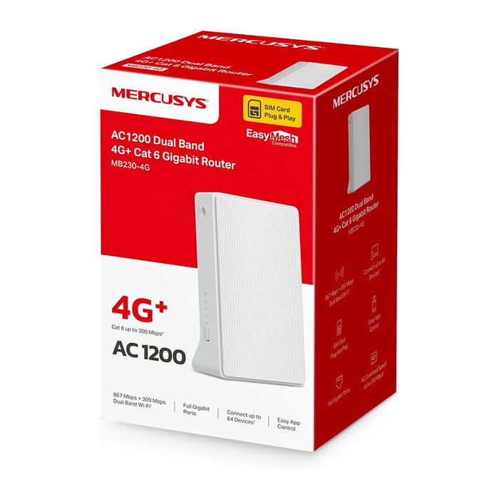 Mercusys MB230-4G AC1200 Router 4G LTE Wi-Fi 5 Dual Banda 300 Mbps, Enrutador Modem con Ranura SIM, Banda 2.4 GHz / 5 GHz, 2 Puertos LAN Gigabit, Color Blanco