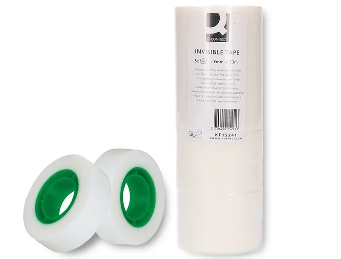 Q-connect Cinta Adhesiva Invisible 33 m x 19 mm, Pack de 8 Unidades, para Embolar, Escribir y Fotocopiar, No Amarillea
