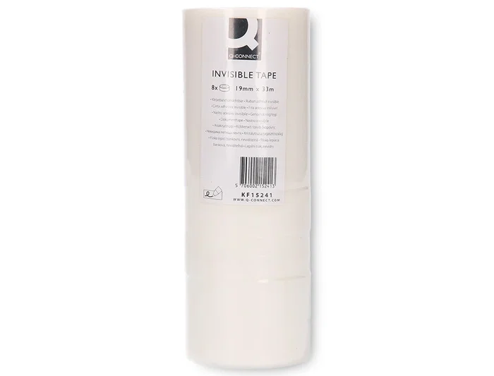 Q-connect Cinta Adhesiva Invisible 33 m x 19 mm, Pack de 8 Unidades, para Embolar, Escribir y Fotocopiar, No Amarillea