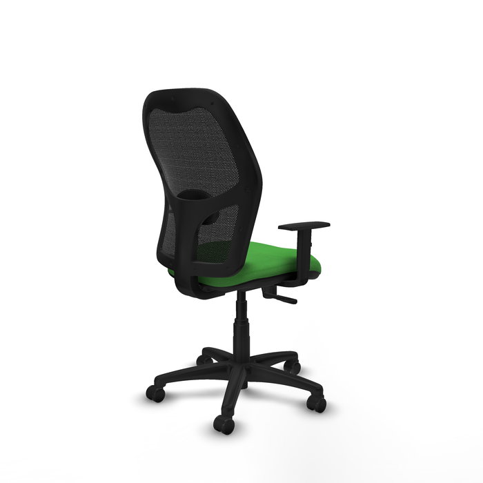 Silla de oficina Alocén con mecanismo Sincro tapizada con Tela color Verde y malla color Negro. Equipada con lumbar 1D, Brazos 1D y Ruedas de parqué