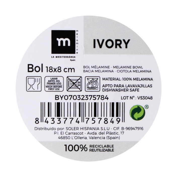 La Mediterranea Bol Melamina Ivory 18 x 8 cm (24 Unidades)