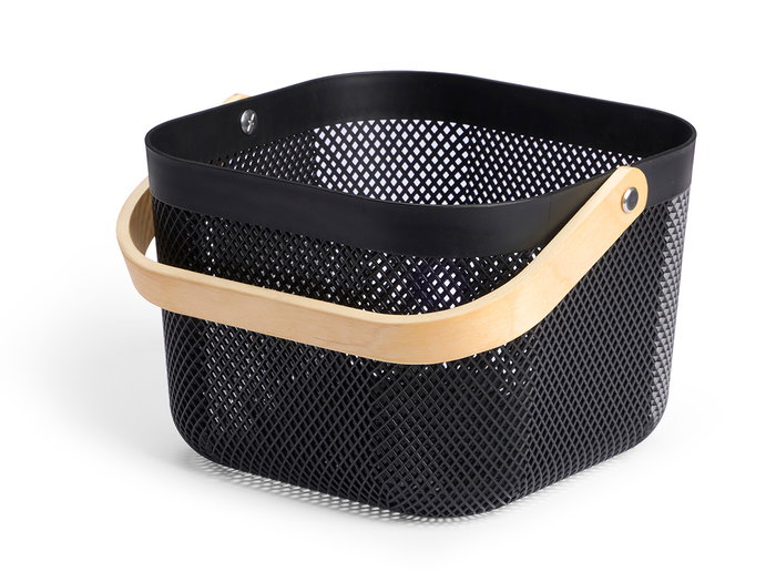 Kipit Cesta Multiusos Negra Cuadrada con Asa de Madera, Hecha de Plástico PP, Dimensiones 26.5x18x25 cm (Set de 12)