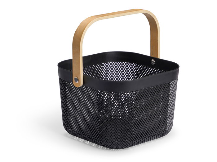 Kipit Cesta Multiusos Negra Cuadrada con Asa de Madera, Hecha de Plástico PP, Dimensiones 26.5x18x25 cm (Set de 12)