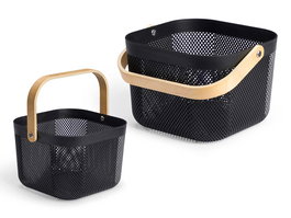 Kipit Cesta Multiusos Negra Cuadrada con Asa de Madera, Hecha de Plástico PP, Dimensiones 26.5x18x25 cm (Set de 12)