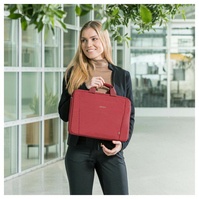 DICOTA Eco Slim Case BASE Maletín 14.1" con Asa y Tirante, Fabricado con Materiales Reciclados, Rojo DICOTA Eco Slim Case BASE Maletín 14.1" con Asa y Tirante, Fabricado con Materiales Reciclados, Rojo