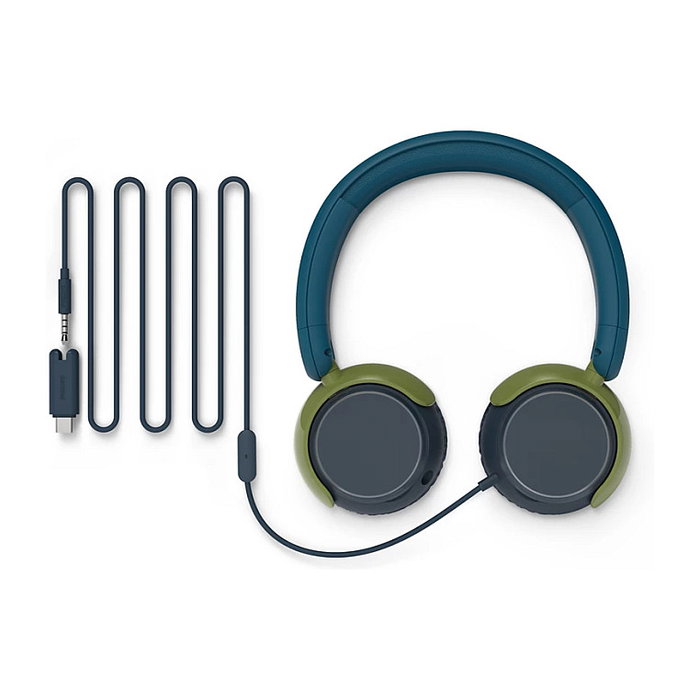 Philips TAK2000CT/00 Auriculares On-Ear Supraaurales para Niños (Serie 2000) - Azul, Verde, Gris, Conexión Alámbrica USB-C y 3.5 mm, Reducción de Ruido, 20-20000 Hz, Plegables