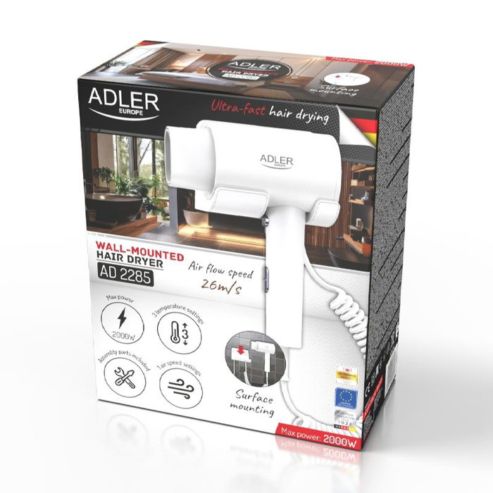 ADLER SECADOR DE PELO PROFESIONAL 2000W CON SOPORTE DE PARED Y 3 TEMPERATURAS