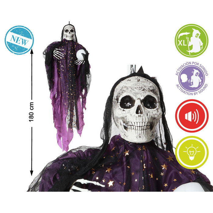 Atosa Figura de Halloween Bruja Esqueleto Colgante 180 cm con Bola de Adivinación Luz y Sonido