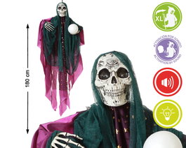 Figura de Halloween Bruja Esqueleto Colgante 180 cm con Bola de Adivinación Luz y Sonido para Decoración Temática