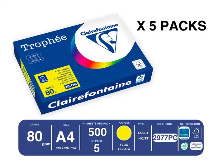 Trophee Papel Color A4 80gr Amarillo Neón, Paquete 500 Hojas