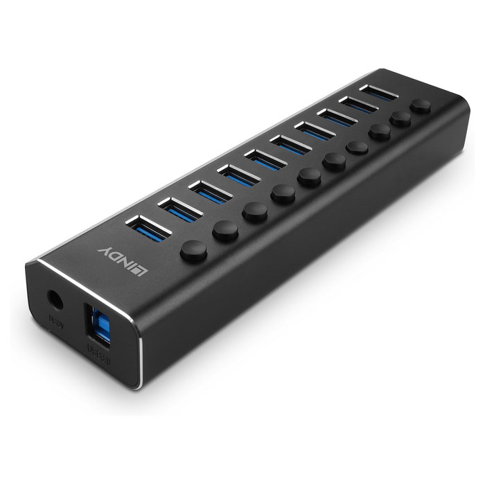LINDY Hub USB 3.2 Gen 1 de 10 Puertos con Interruptores On/Off, Negro