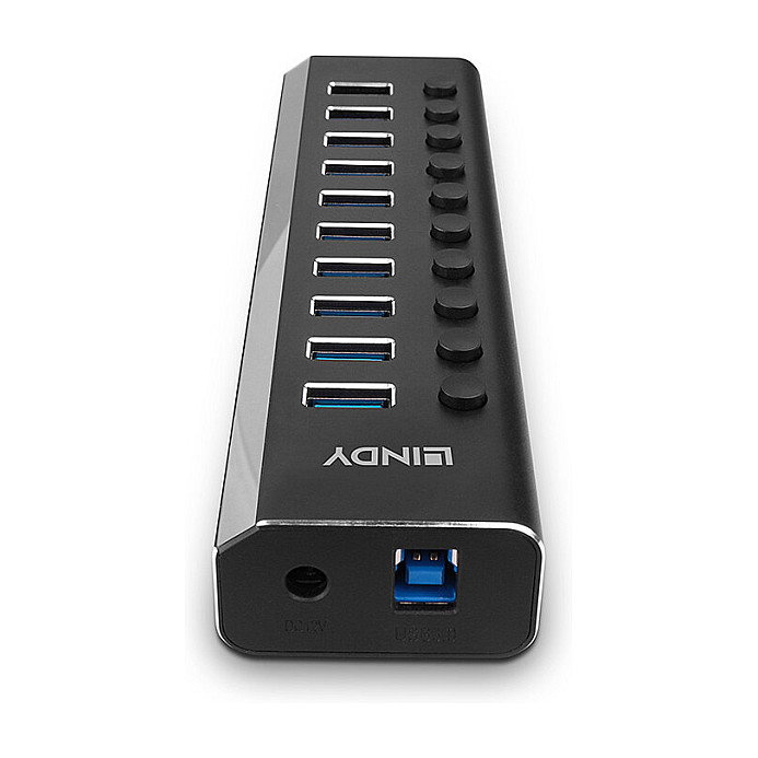 LINDY Hub USB 3.2 Gen 1 de 10 Puertos con Interruptores On/Off, Negro
