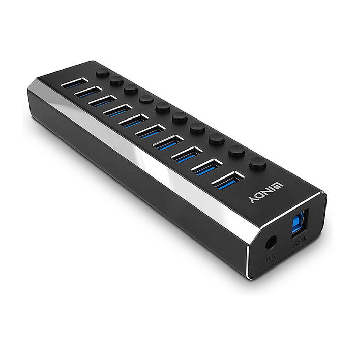 LINDY Hub USB 3.2 Gen 1 de 10 Puertos con Interruptores On/Off, Negro