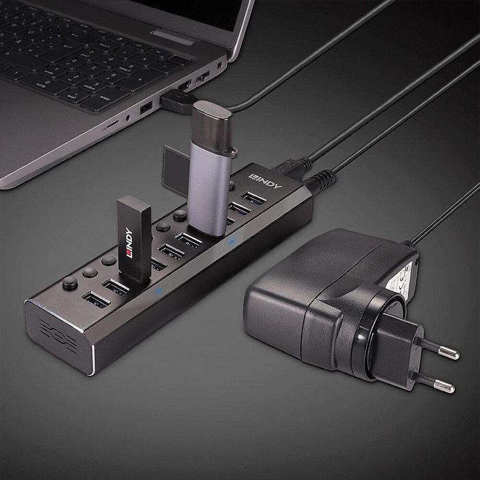 Lindy Hub USB 3.0 de 10 Puertos con Interruptores On/Off Individuales y Carga - 5 Gbps, Con Fuente 36W