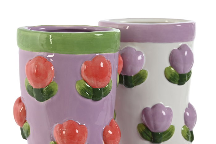 DKD Home Decor Macetero Shabby Blanco Lila 21 x 22 x 11 cm (2 Unidades)