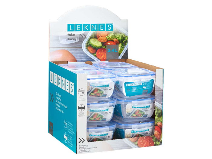 Leknes Fiambrera Cuadrada Tapa Azul 2400ml Plástico Cierre Hermético 20x11x20cm (Set de 12)